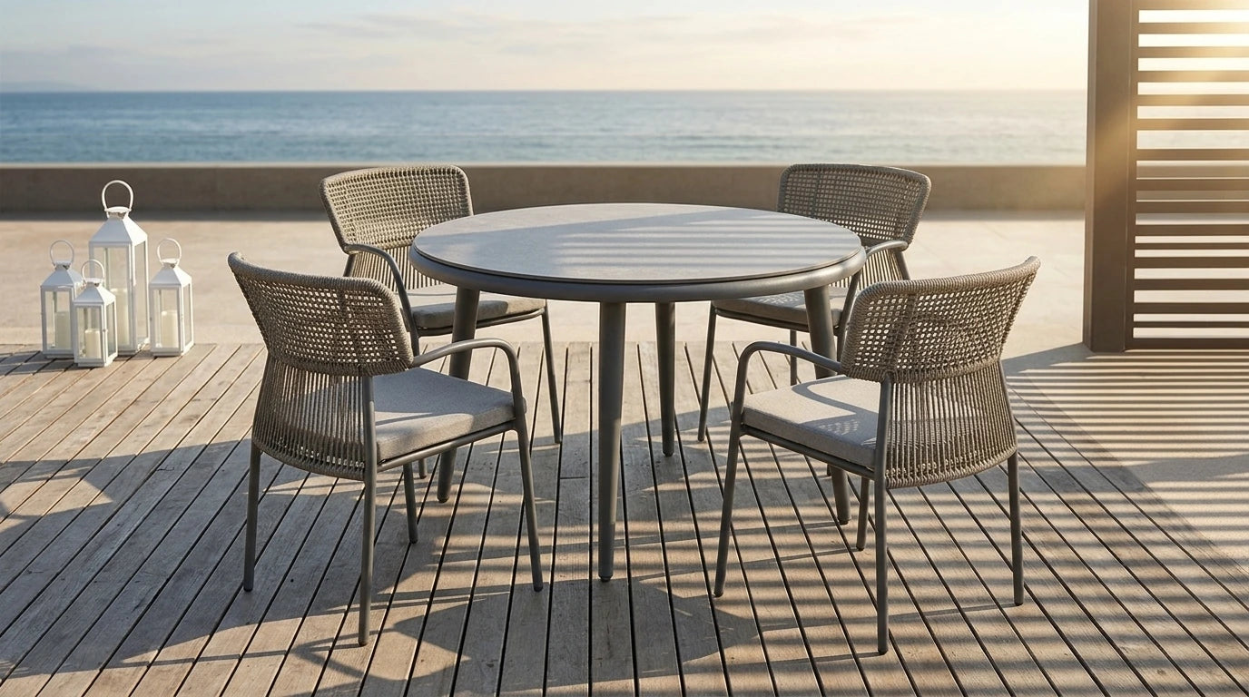 Table de repas aluminium résine ronde mantis grey